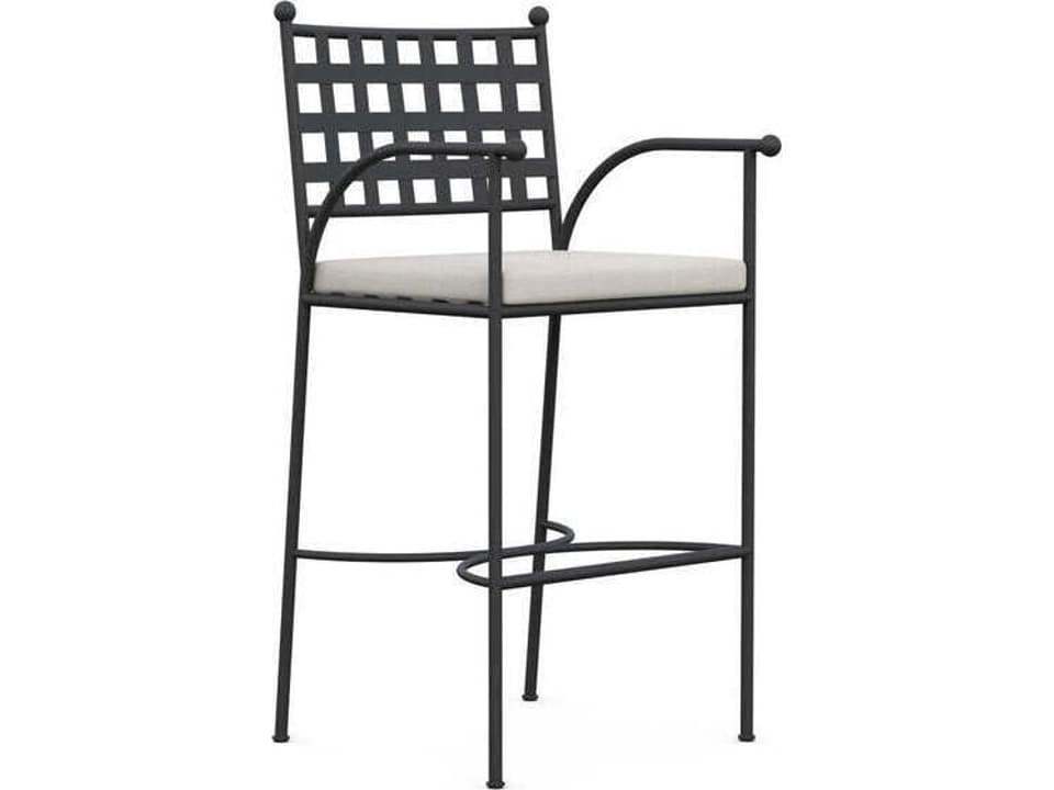 Athens Wrought Iron Outdoor Bar Stool in Noir with Linen Performance Cushion