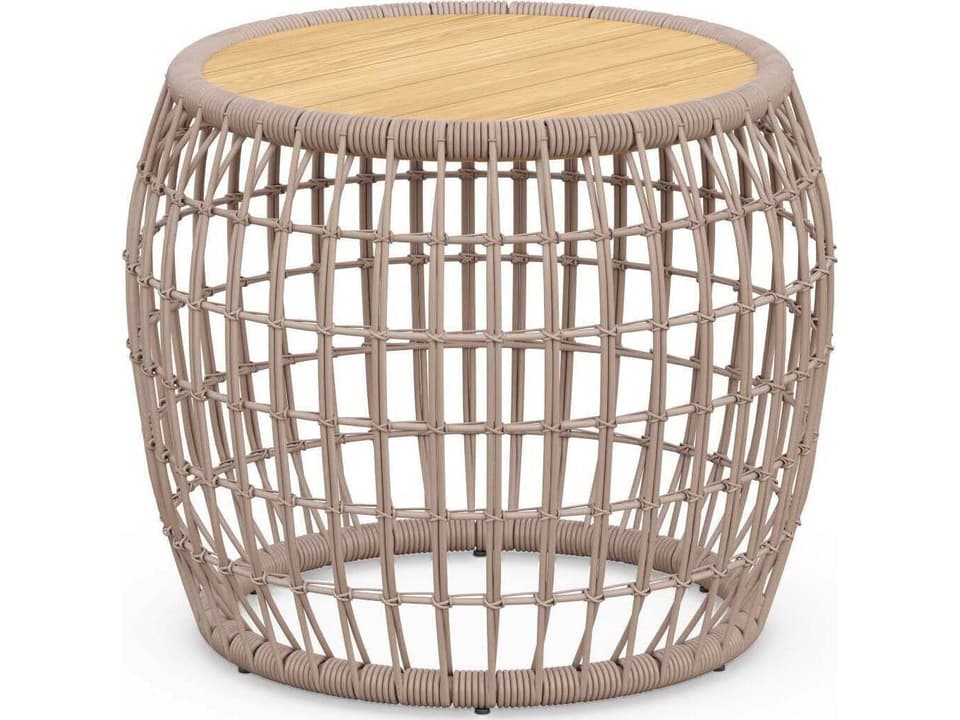 Barcelona Round Outdoor End Table with Teak Top and All-Weather Wicker Accents