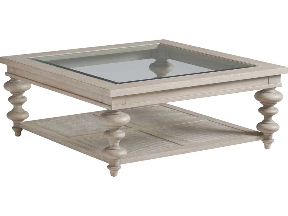 Castlerock Square Coffee Table in Taupe Wood Cane and Glass