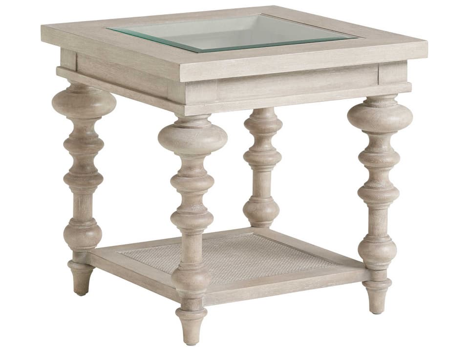 Castlerock Square End Table in Taupe Wood with Cane and Glass