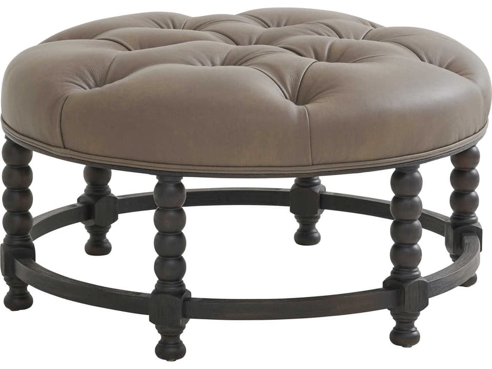 Hanover Round Leather Cocktail Ottoman in Cacao