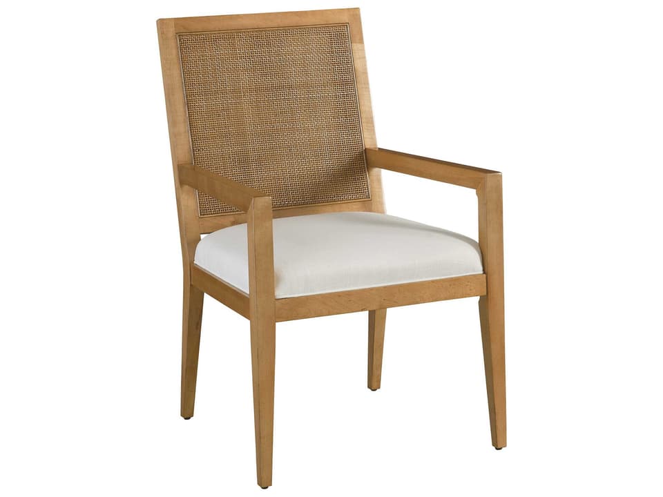 Smithcliff Upholstered Cane Dining Arm Chair in Nutmeg Brown with Linen White Fabric