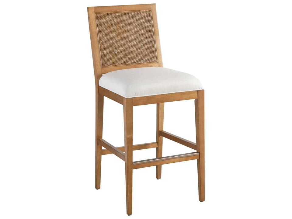 Laguna Cleo Upholstered Bar Stool with Cane Back and Metal Kickplate