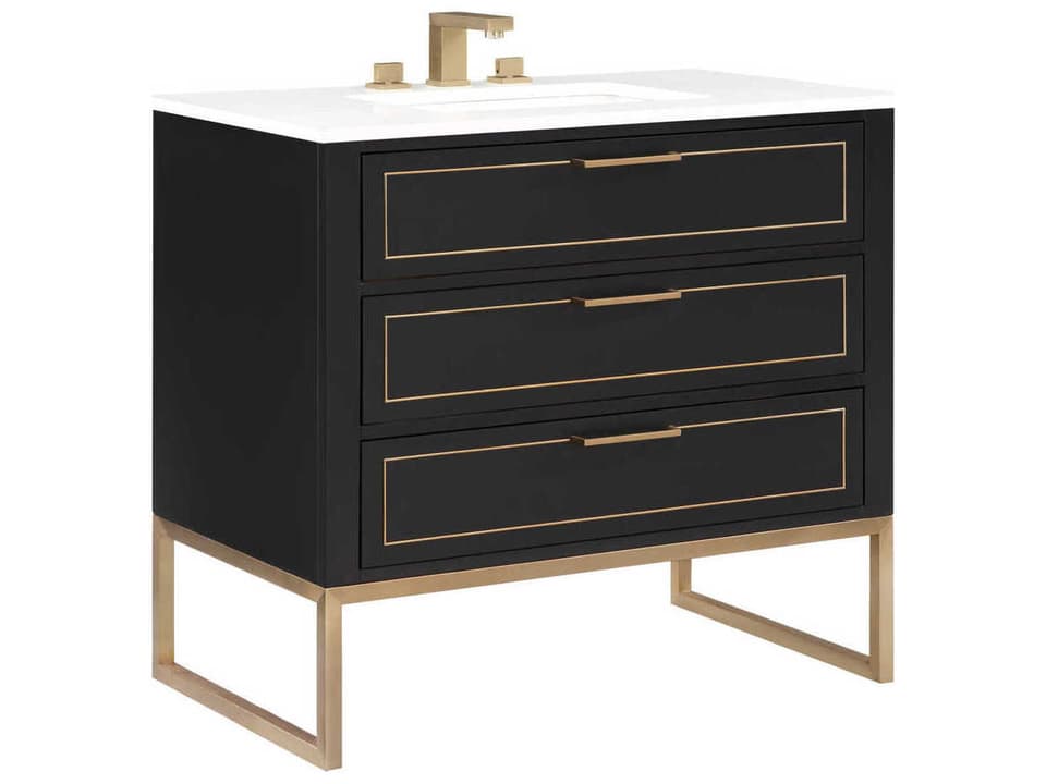 Markham 36 Inch Bathroom Vanity in Walnut with Satin Brass Base and Ceramic Undermount Sink