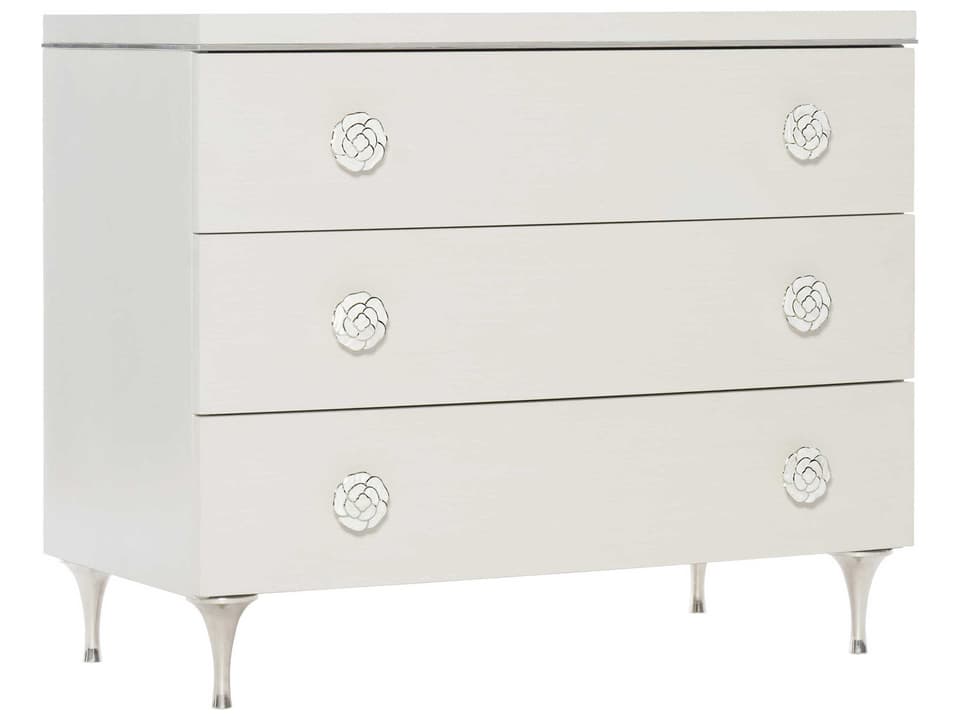 Silhouette 3-Drawer Nightstand in Eggshell Finish with Polished Stainless Steel Accents