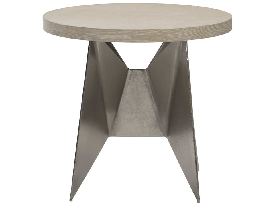 Solaria Round End Table with Dune Wood Top and Shiny Nickel Base