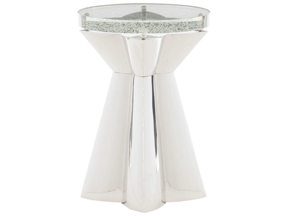 Anika Round End Table in Polished Stainless Steel and Bubble Glass