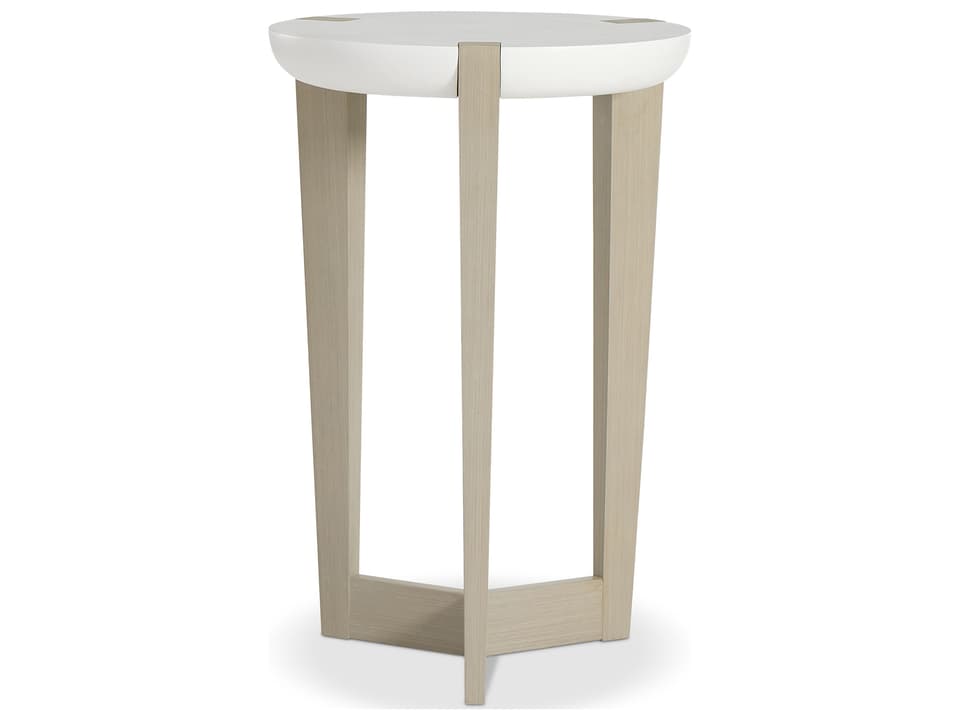 Axiom Round Wood Chairside Table in Linear Gray and White Linen