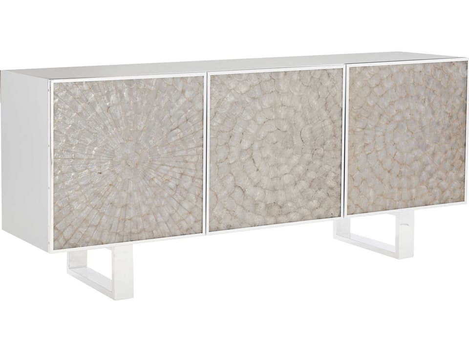 Interiors Helios Entertainment Credenza White Capiz Shell and Polished Stainless Steel