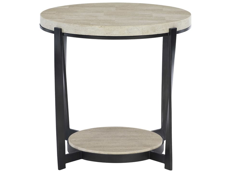 Berkshire Round End Table with White Travertine and Aged Pewter