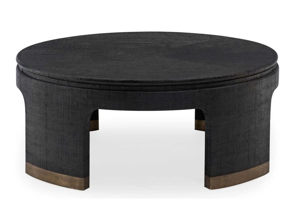 Dubois Round Cocktail Table in Black Raffia with Antique Satin Gold Ferrules