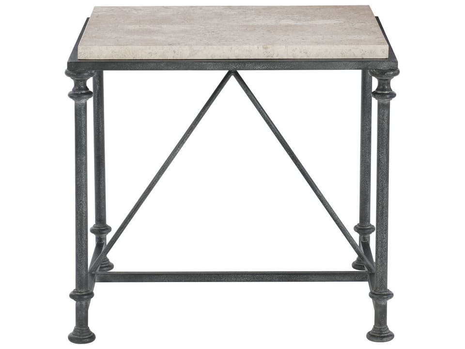 Galesbury Square Side Table with Travertine Stone Top and Antique Silver Steel Base