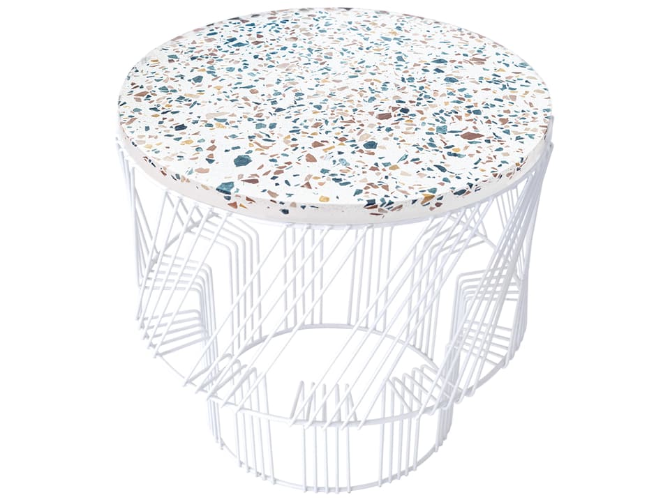 Terrazzo Round End Side Table in White Galvanized Iron and Terrazzo