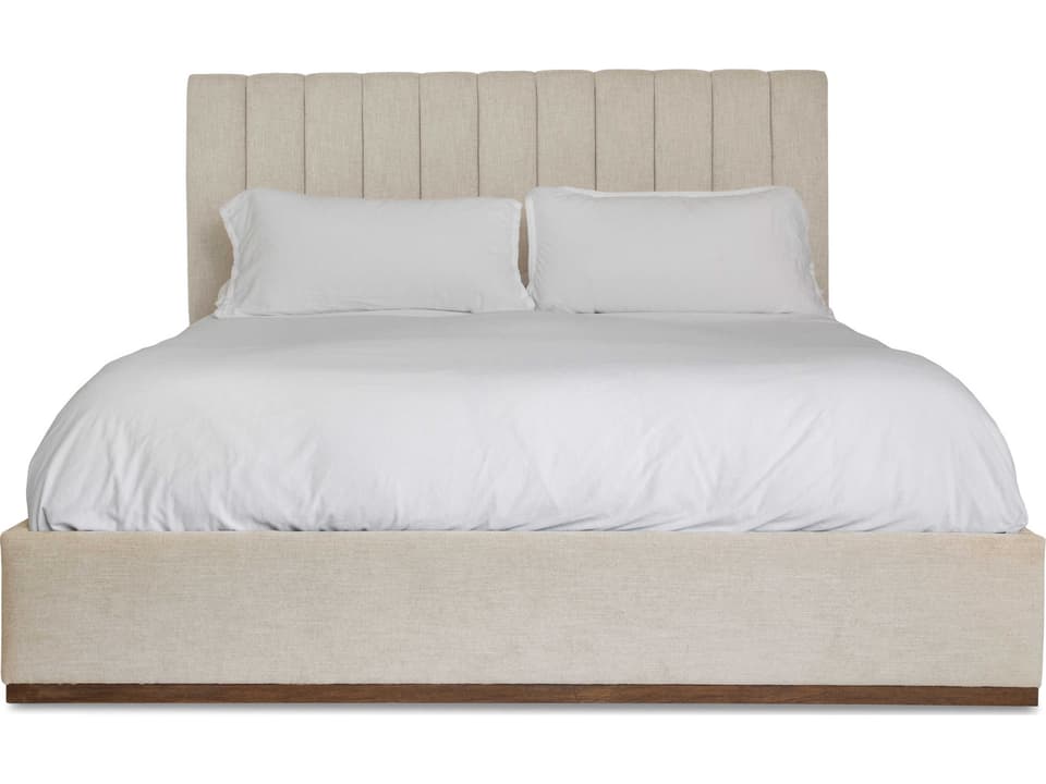 Clarke Upholstered Queen Platform Bed in Beach Crypton Fabric and Nutmeg Teak