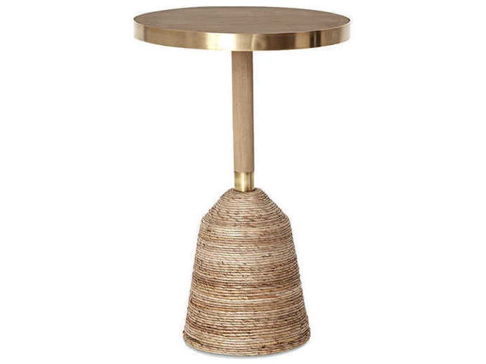 Mitchell Round End Table Solid Teak Abaca and Brass with Beach Finish