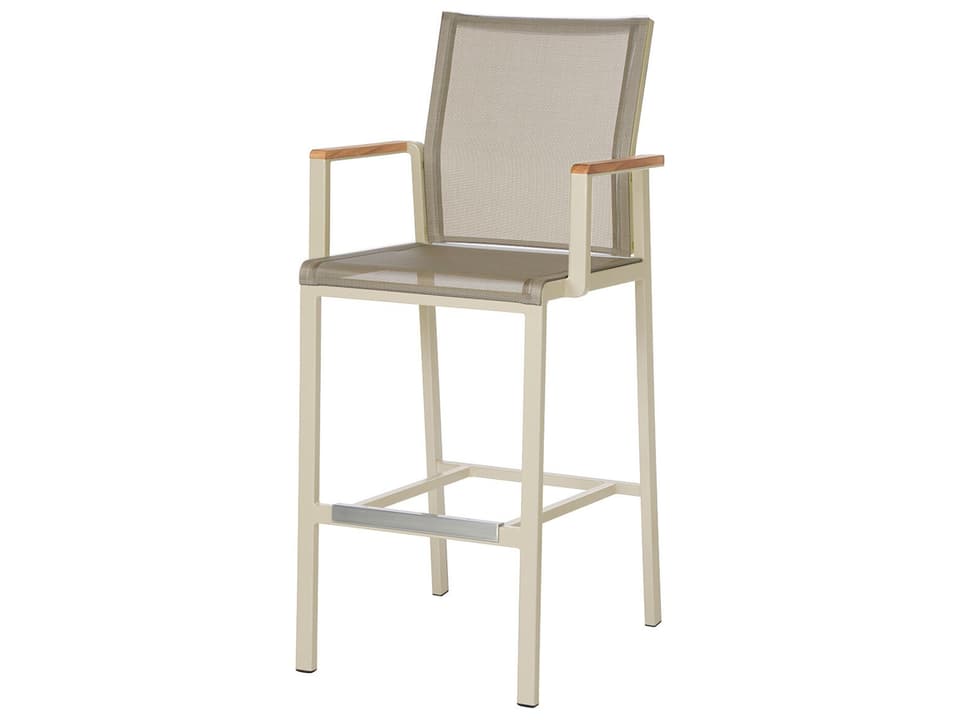 Aura Bar Stool with Teak Arms and Textilene Sling in Champagne