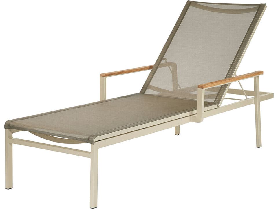 Aura Occasional Aluminum Sling Chaise Lounge with Teak Arms in Champagne