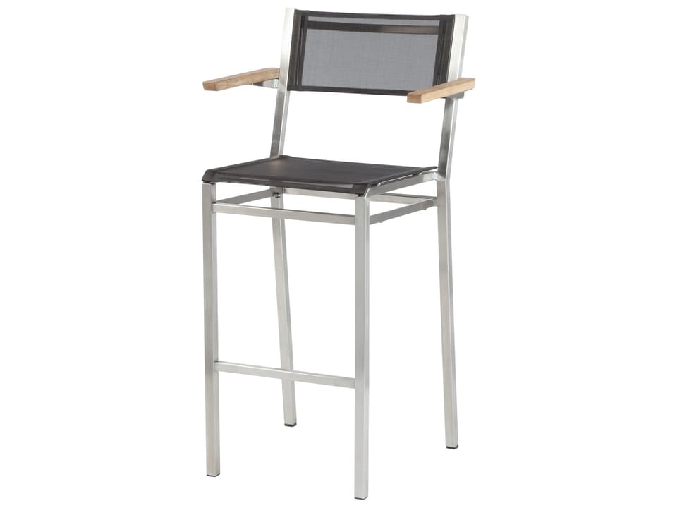 Equinox Bar Stool with Natural Teak Arms and Charcoal Textilene Sling