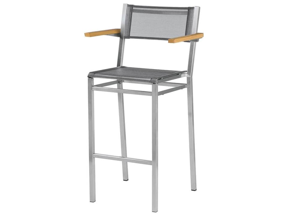 Equinox Bar Stool with Natural Teak Arms Platinum Textilene Sling