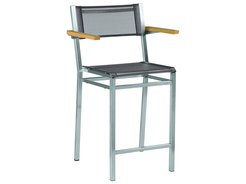 Equinox Counter Stool with Natural Teak Arms and Platinum Textilene Sling