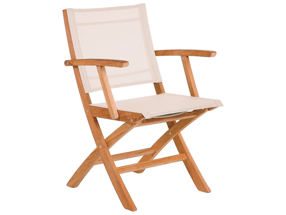 Horizon Folding Teak Dining Arm Chair with Pearl Textilene Sling