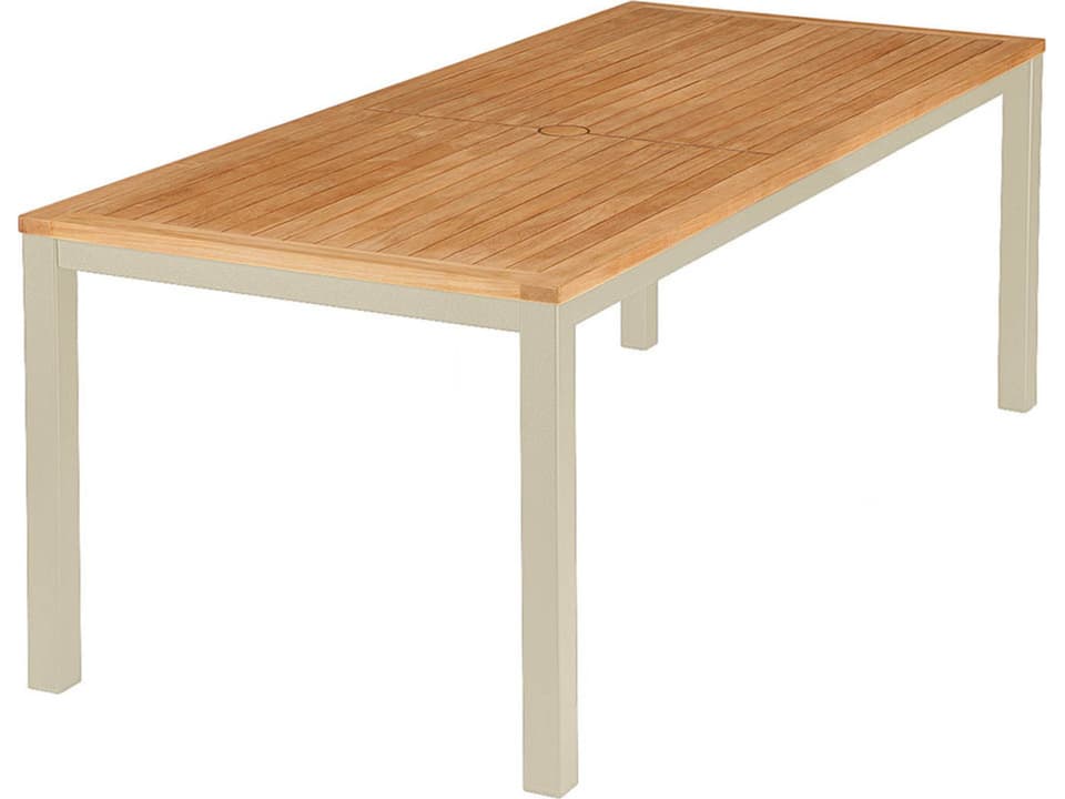 Aura Dining Table Champagne Powder-Coated Aluminum Natural Teak 79"W x 35"D x 29"H