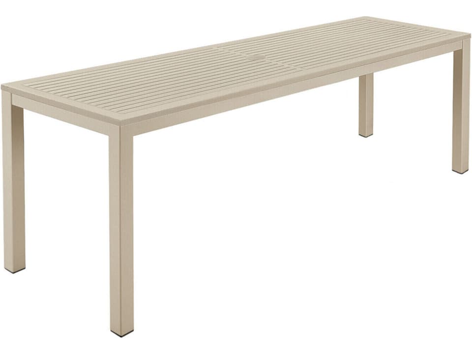 Aura Narrow 79 Inch Aluminum Teak Dining Table in Champagne