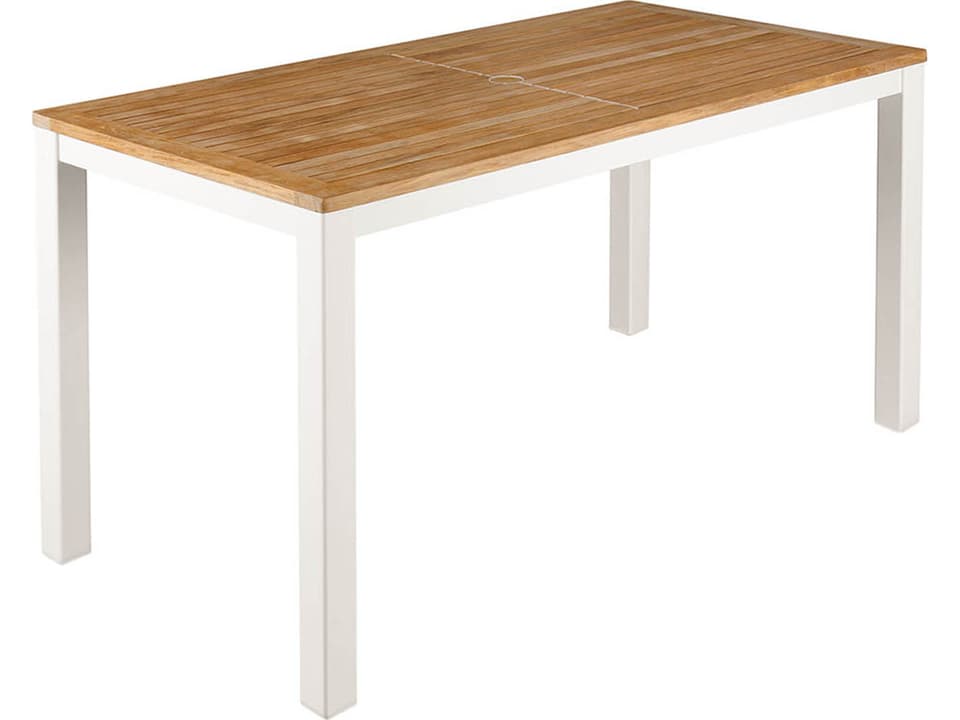 Aura Narrow Dining Table Arctic White Aluminum with Natural Teak Top