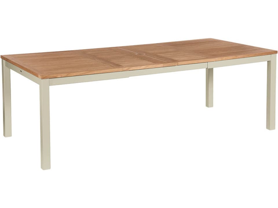 Aura Extending Dining Table Champagne Powder-Coated Aluminum Natural Teak