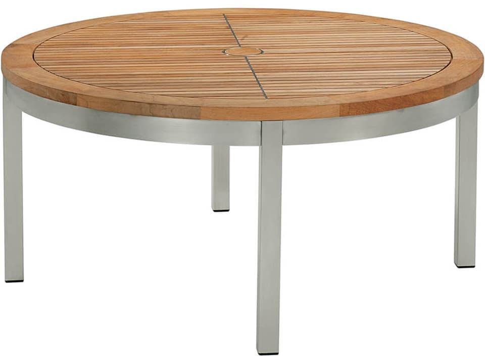 Equinox 40-Inch Round Coffee Table with Stainless Steel and Teak Top