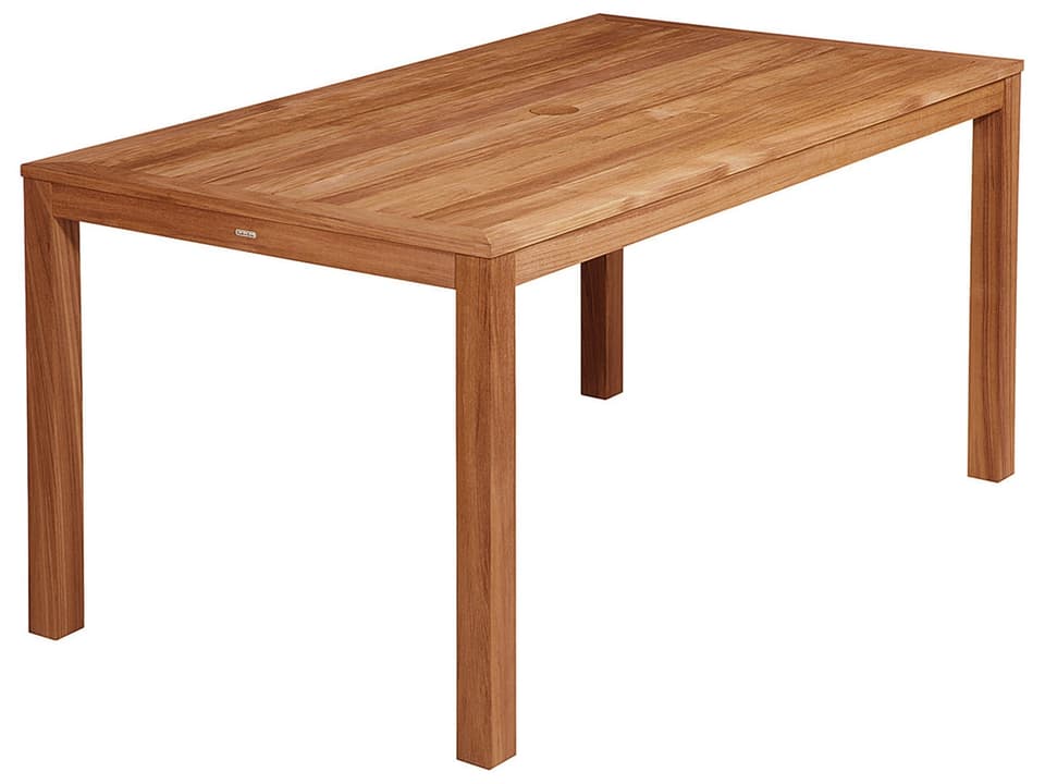 Linear 59 Inch Rectangular Dining Table with Umbrella Hole in Natural Teak