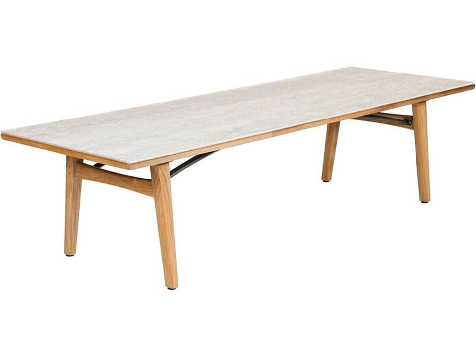 Monterey Dining Table Natural Teak Frost Ceramic with Umbrella Hole 118"W x 39"D x 29"H