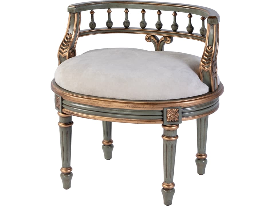 Specialty Hathaway Oval Vanity Seat in Distressed Green Wood and Ivory Fabric