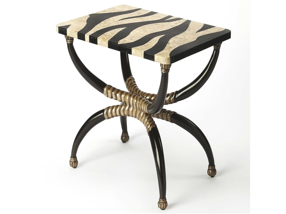 Burundi Rectangle End Table with Zebra Pattern Fossil Stone Top Antique Brass Accents