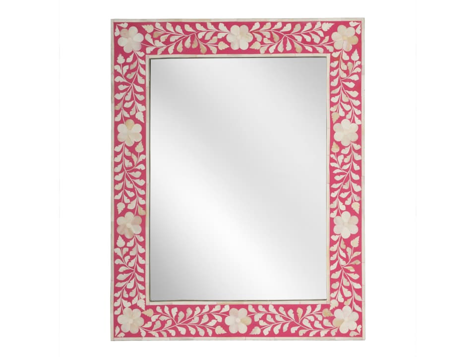 Vivienne Rectangular Bone Inlay Wall Mirror with Floral Pattern in Pink and White