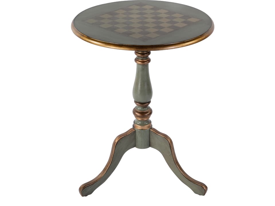 Specialty Company Colbert Round Pedestal Game Accent Table in Distressed Green and Gold