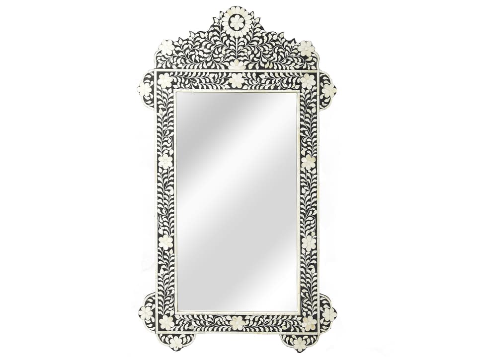 Vivienne Bone Inlay Wall Mirror Black and White Botanical Pattern