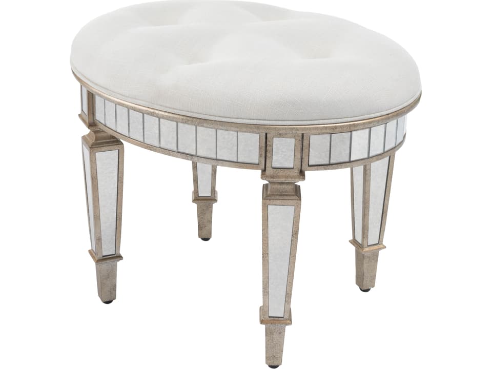 Garbo Upholstered Accent Stool with Mirror and Antique Pewter Trim