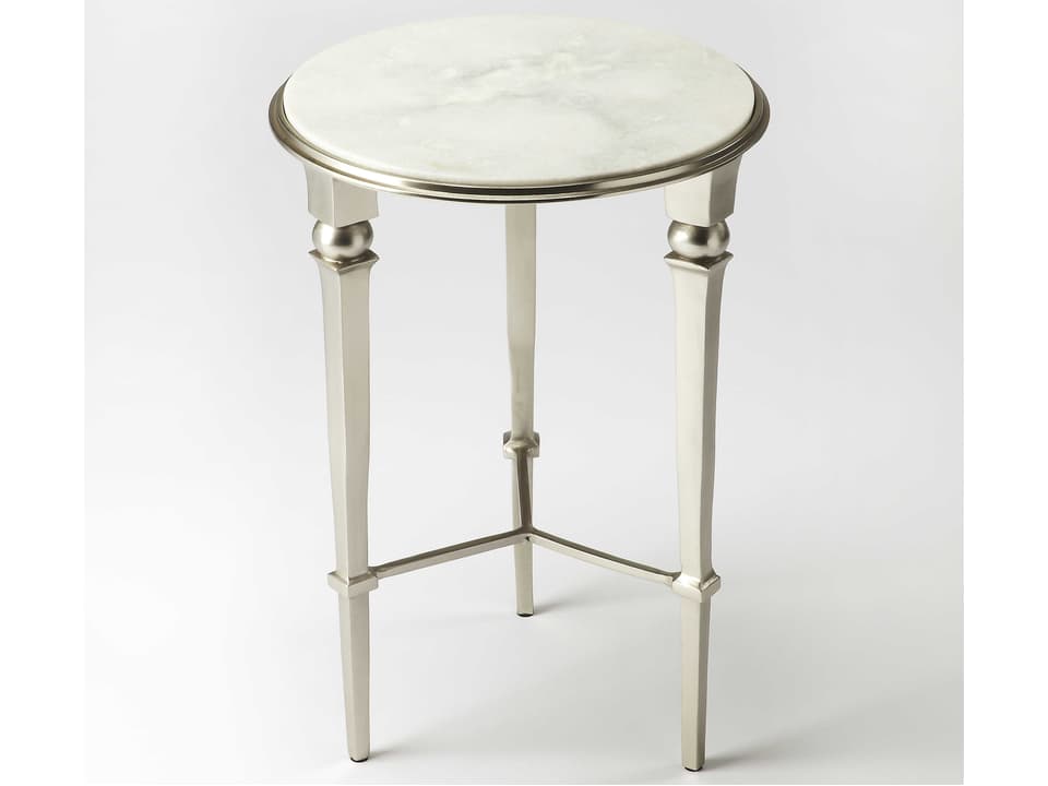 Darrieux Round Marble End Table in Brushed and Polished Silver