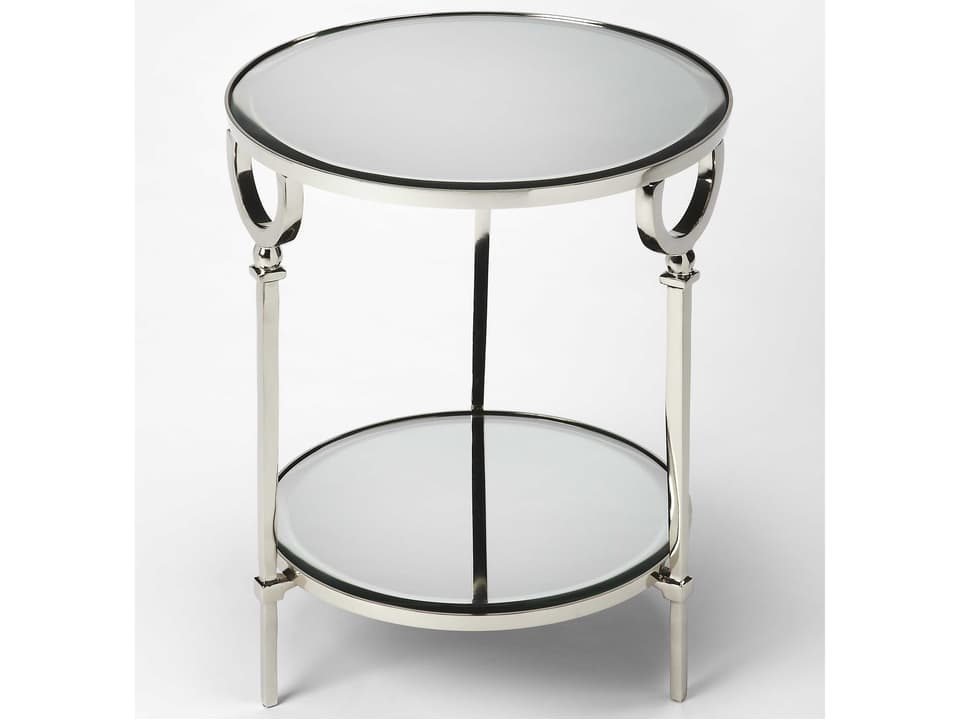 Jolene Round Mirror End Table Silver with Polished Aluminum Base