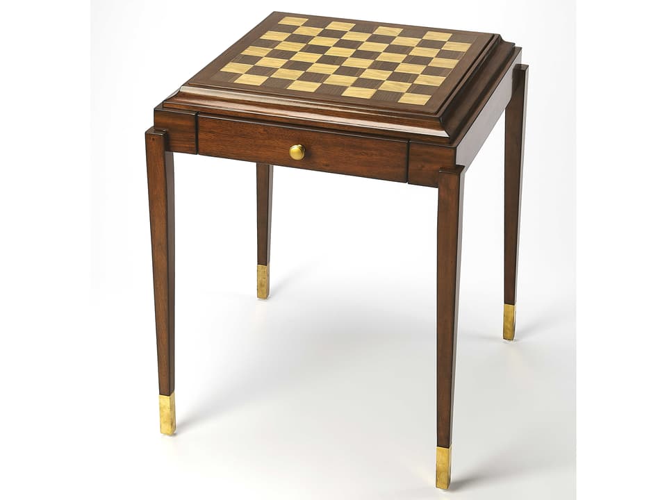 Adrian Square Game End Table in Mahogany Wood with Chess Board Inlay