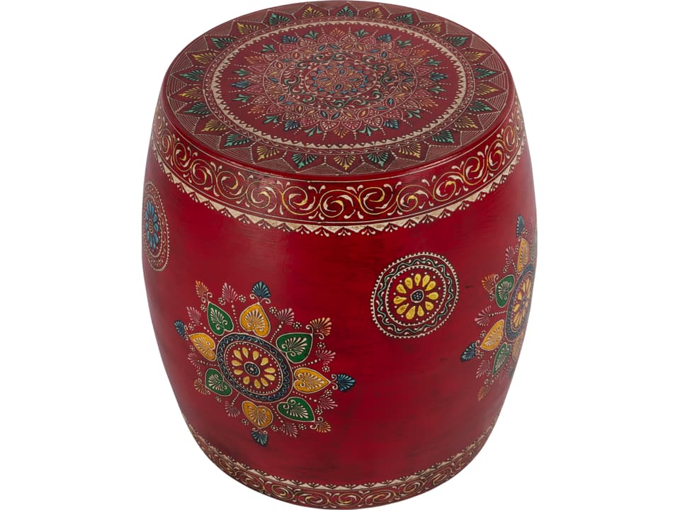 Specialty Company Imani Round Iron Drum Side Table in Red with Hand-Painted Floral Design