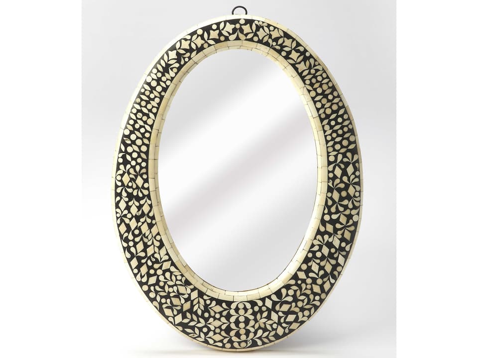 Orzo Bone Inlay Oval Wall Mirror in Black and White