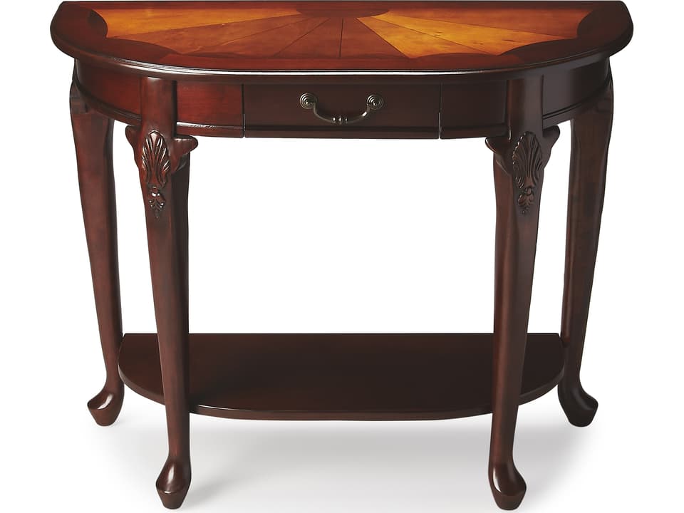Specialty Kimball Demilune Console Table in Plantation Cherry with Drawer