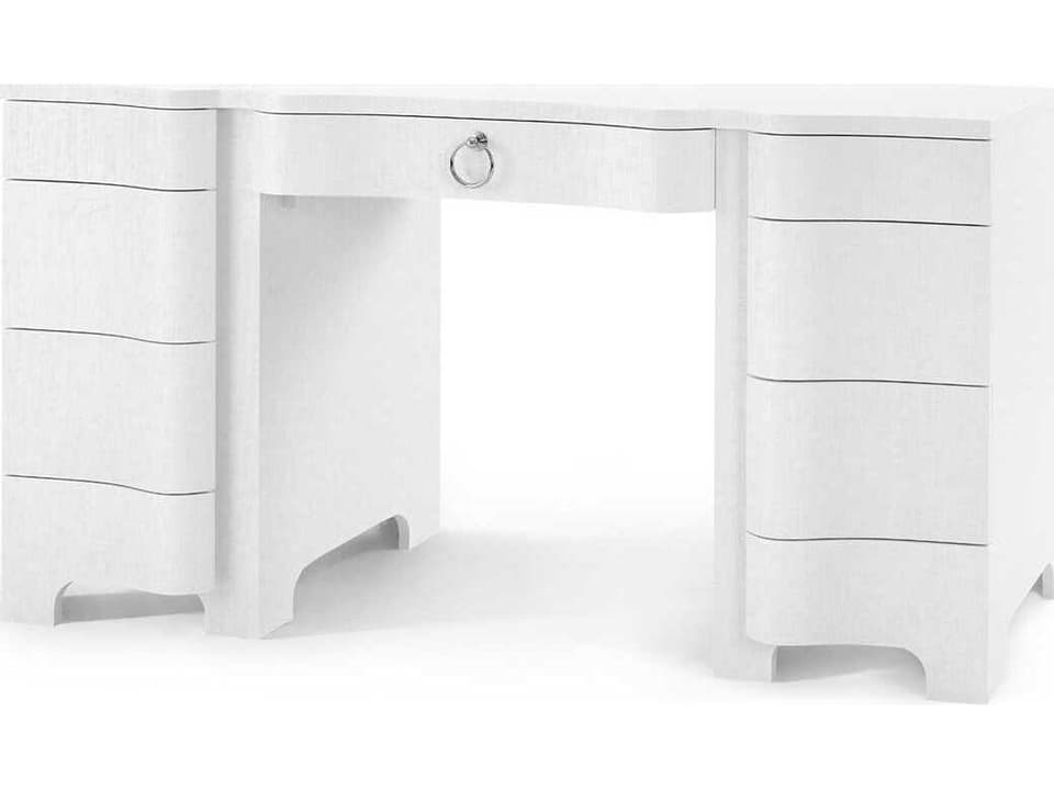 Bouquet Lacquered Grasscloth Desk in Chiffon White with Nickel Pull