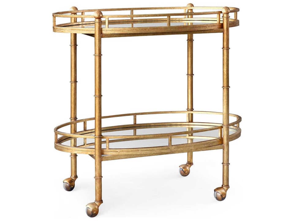 Normandy Art Deco Gold Leaf Bar Cart with Mirrored Trays