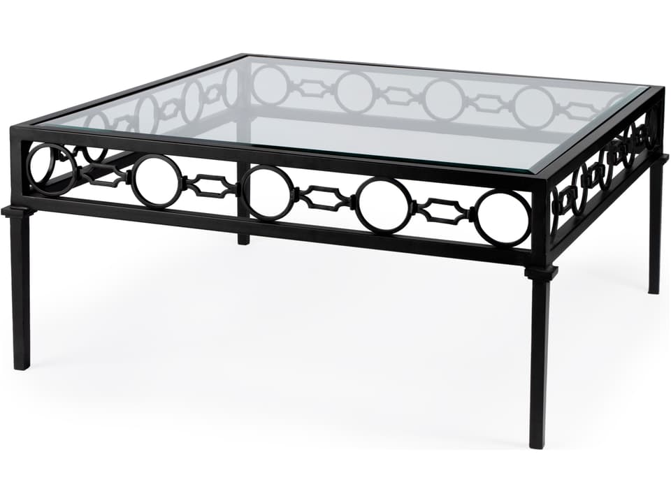 Southport Square Iron Coffee Table with Glass Top in Black