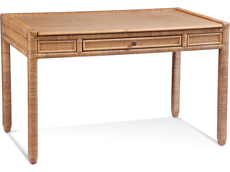 Pine Isle Writing Desk with Glass Top Rattan Frame
