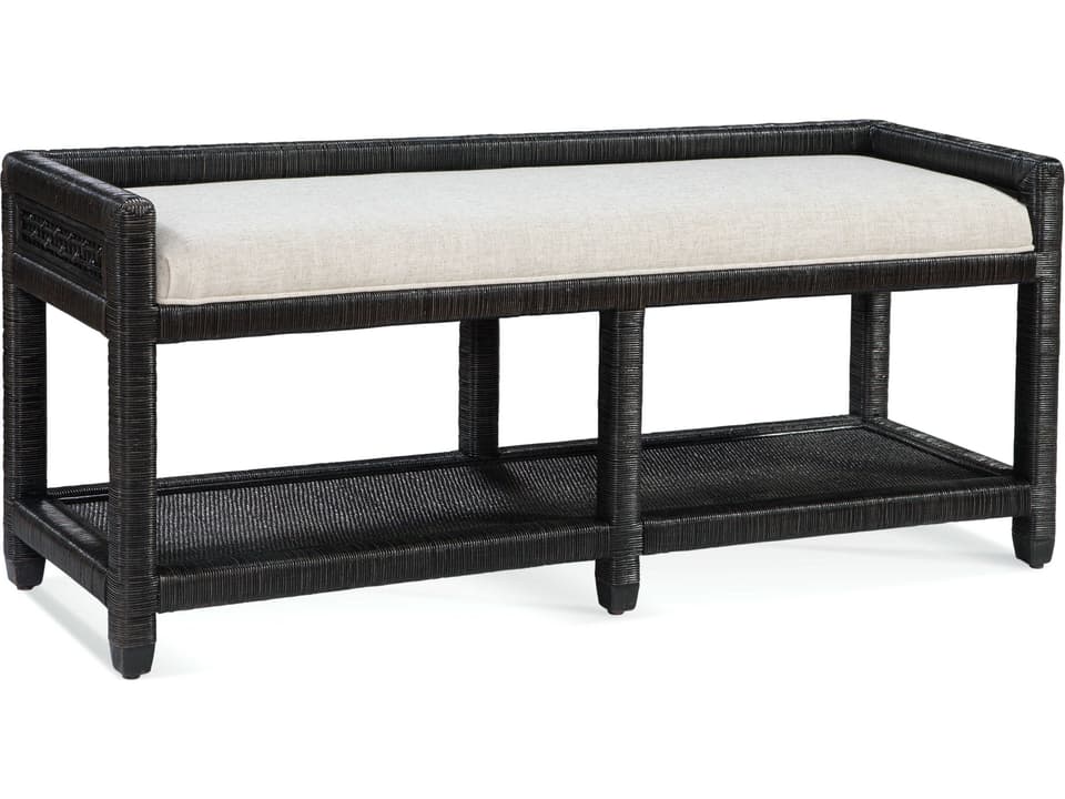 Pine Isle Upholstered Bench with Rail in Natural Wicker and Rattan