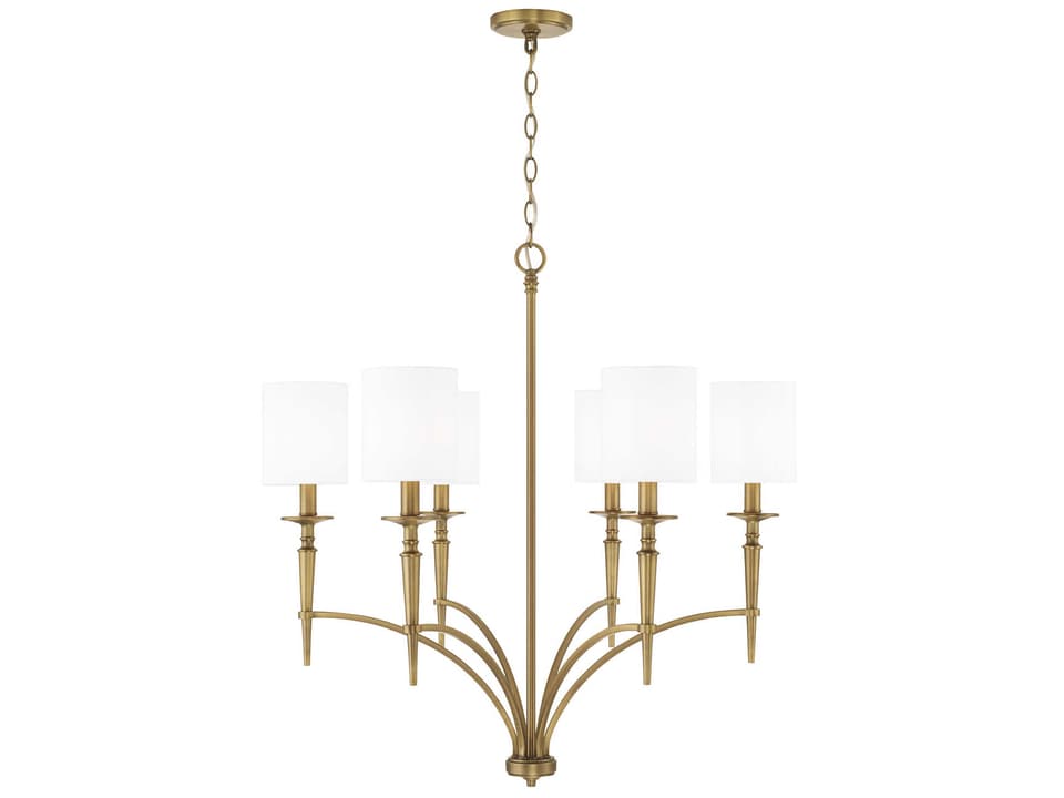 Abbie 6-Light Chandelier in Aged Brass with White Fabric Shades